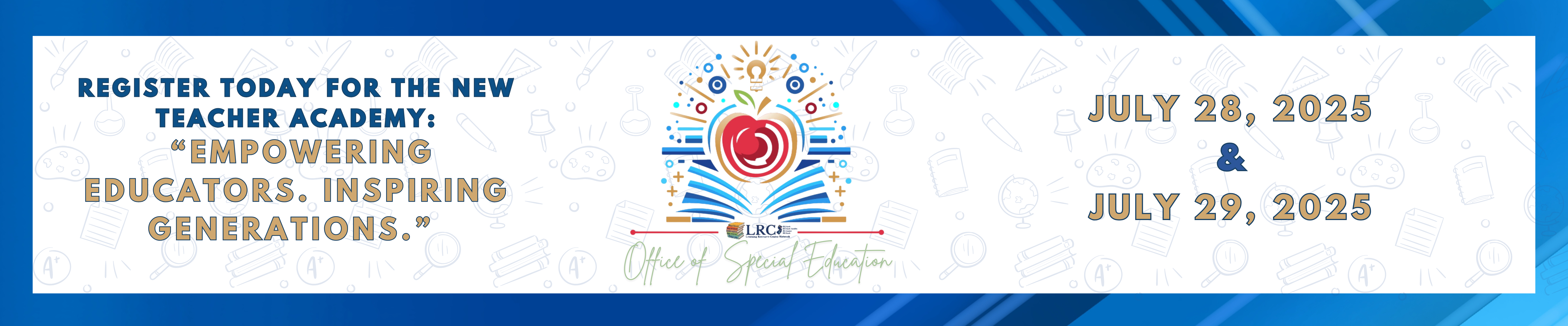 The new teacher academy logo in the middle on a white background with a blue border.